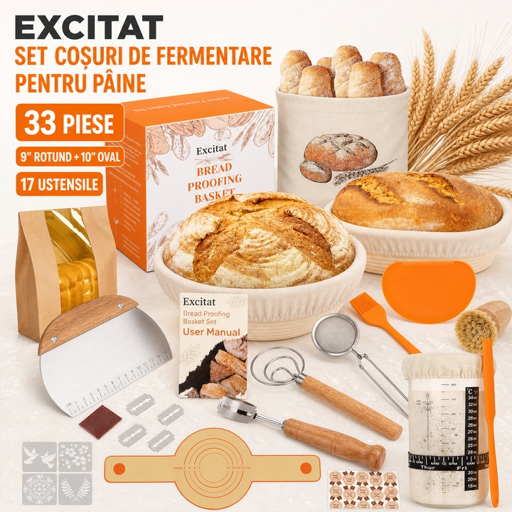 Set cosuri de fermentare pentru paine, Excitat®, 9" rotund & 10" oval, 33 piese complete de coacere (17 ustensile), bej