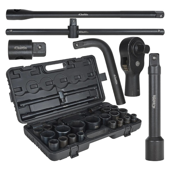 Set chei tubulare de impact, 3 / 4", 1", 6 varfuri, 17-65 mm, 26 piese, Keltin K00095