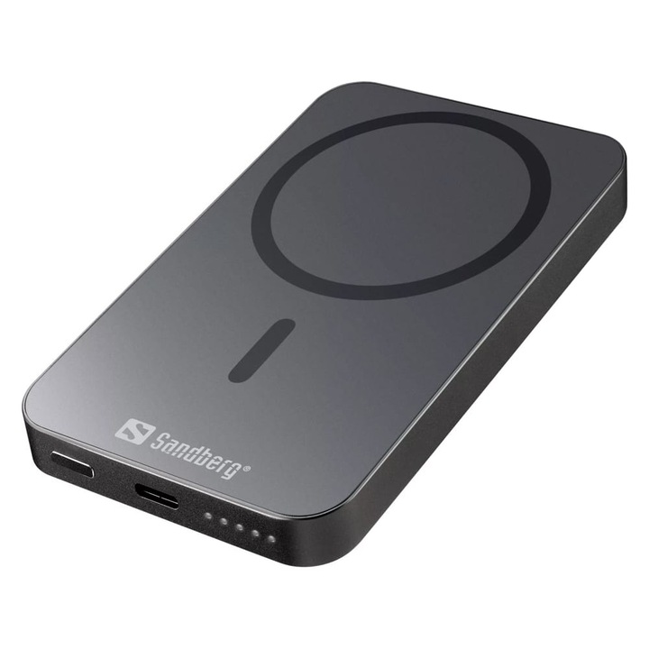 Sandberg Magnet Wireless Powerbank 5000 Alu, compatibil MagSafe, încărcare wireless 15W, PD 20W, argintiu