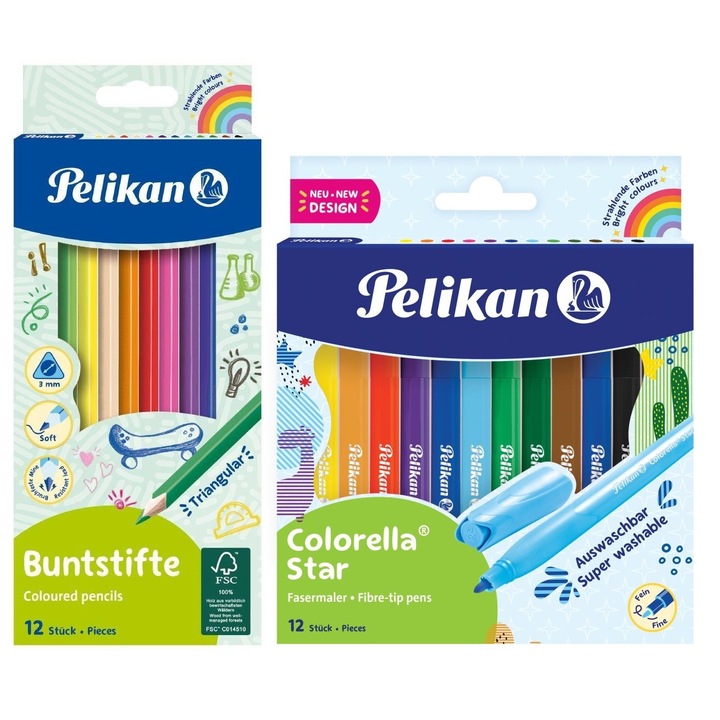 Set Creioane Colorate triunghiulare si Carioci 24 Buc (12+12), Pelikan