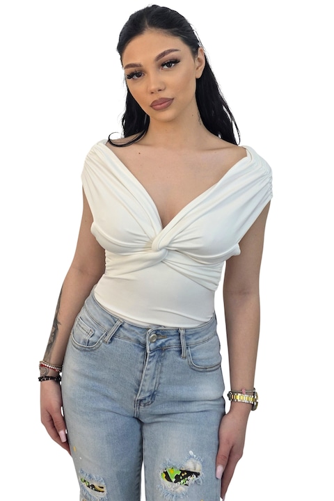 Body elegant Regalis, cu drapaj la umeri si nod fix, Alb