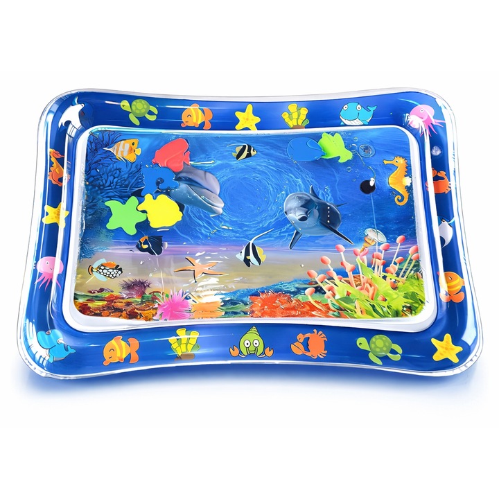 PinkBlue szenzoros vízi játszószőnyeg babáknak – hasalós játék, lebegő tengeri elemek és szenzoros stimuláció – többszínű, 66 x 50 cm, 3+ hónap