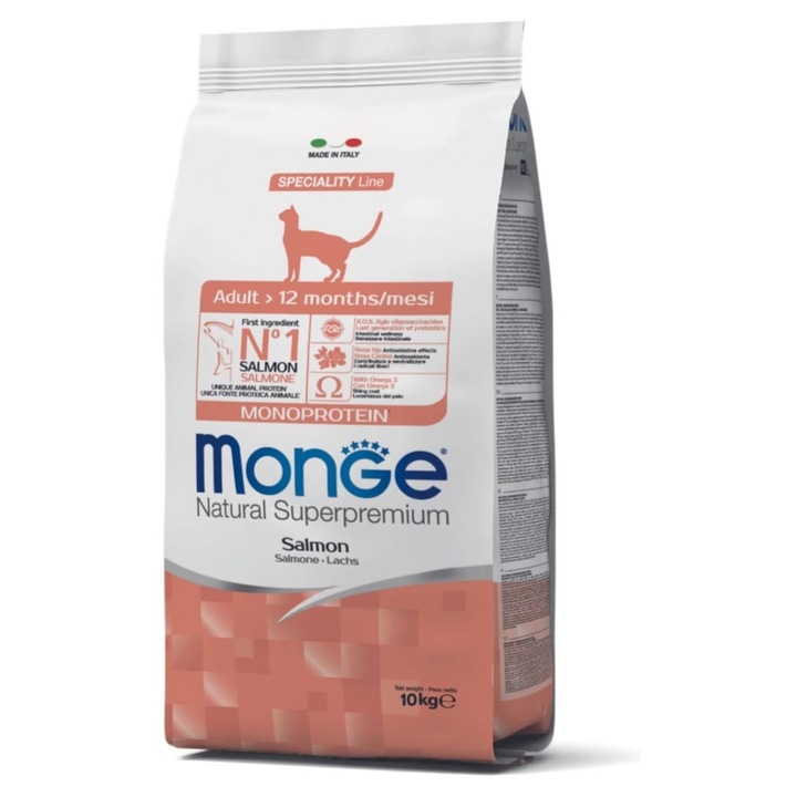 Храна за котки Monge, сьомга, 10 кг, за възрастни, суха