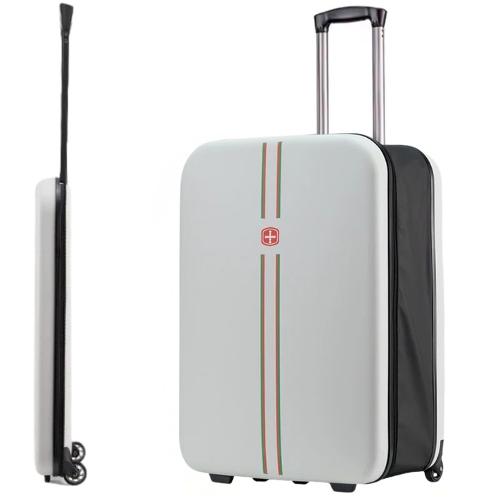 Troler Pliabil mare de calatorie, Dasbo®, Valiza Calatorie cu carcasa dura, material ABS si PC rezistent la apa, 2 roti cu interior captusit si 1 lacat, Usor si Rezistent, Design Premium, Maner telescopic, Gri deschis, 65x25x40cm