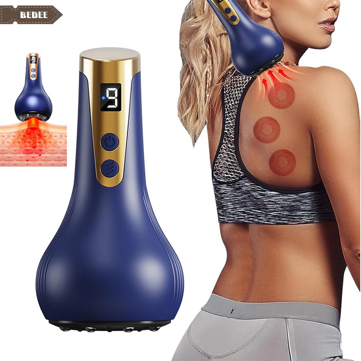 Aparat masaj anticelulitic 3 in 1 cu vacuum, Bedee,1200mAh,3 setari de temperatura, Cu 9 niveluri de aspiratie si 8 bile magnetice din otel, este potrivit pentru coapse, fese, abdomen, brate si spate, Albastru