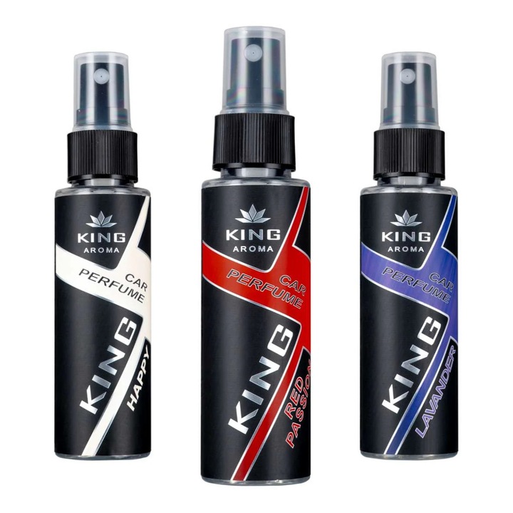 Pachet 3 Odorizante Auto Spray LADY BLOOM – Happy, Red Passion, Lavanda – 3 x 50 ml – King Aroma