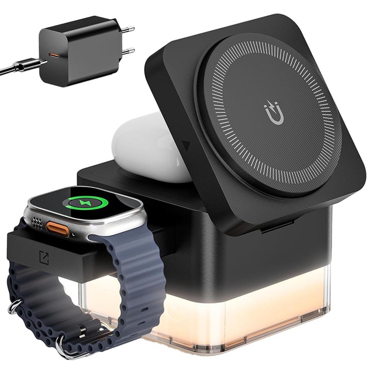 Vezeték nélküli töltő, Bedee, PON töltőállomás iPhone és Apple Watch készülékekhez, 3 az 1-ben Magsafe töltő, 15 W-os gyors töltésű összecsukható kocka éjszakai fénnyel, kompatibilis az iPhone 16/15/14/13/12 sorozattal, Fekete