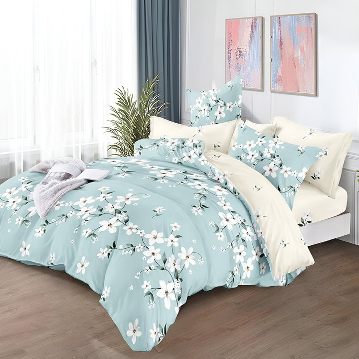 Ágynemű EmonaMall S18527, 6 részes, Gumis, Kétoldalas, Kék/Krém