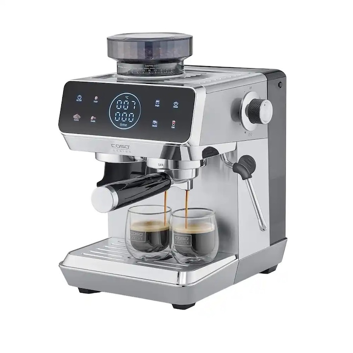 Espressor semiautomat cu rasnita, Caso Germany, Gourmet&Grind, ideal pentru espresso, cappuccino, latte macchiato, compatibil cu cafea boabe/ macinata, pompa puternica 20 bari, Thermoblock, spumare lapte, functie Cold Brew, panou de control tactil, inox