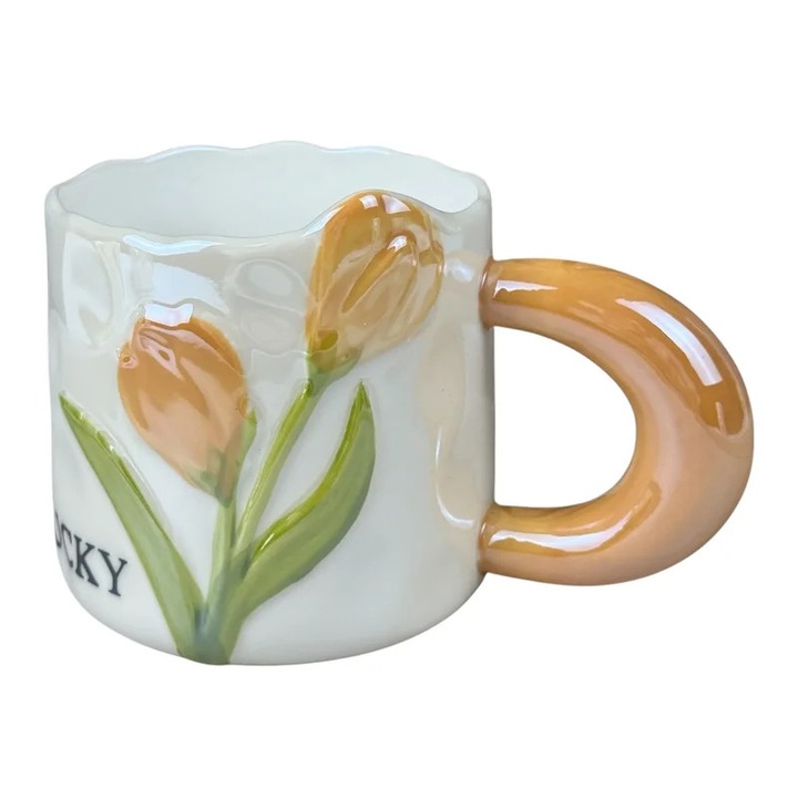 Cana din ceramica „Lucky Tulip” alba cu lalele portocalii si maner portocaliu, 380 ml