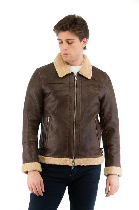 Jachetă din Piele Naturala, Top Gun, Design Moro, Buzunare cu Fermoar, Maro, M INTL