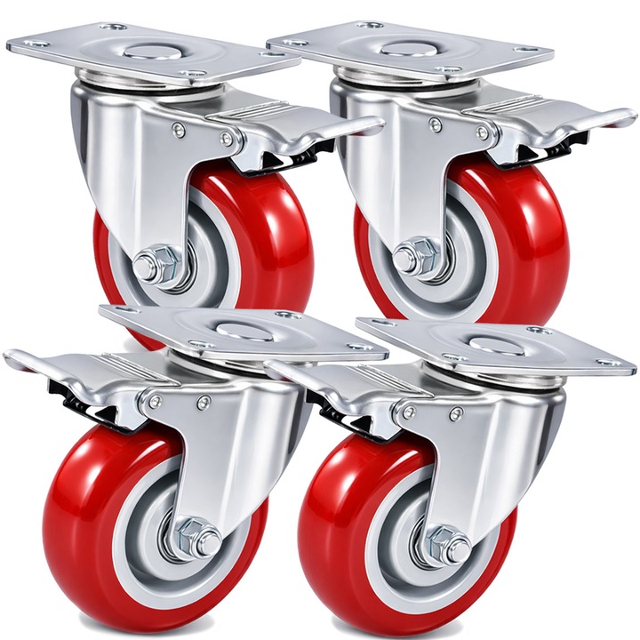Set 4 roti pivotante cu frana 70mm, 300kg, TPR, PIXEL