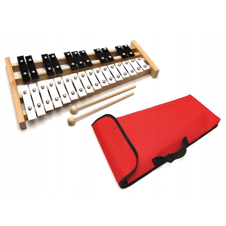 Xilofon MatMax 27 hang, 2 ütővel, piros, 42x24,5x3cm, szett tokkal