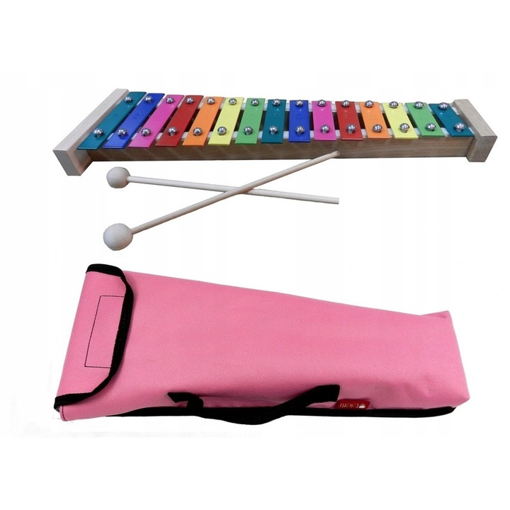 Xilofon, MatMax, diatonikus harangkészlet 15 hanggal, fa ütőkkel, rózsaszín, 39x12,5x6,5 cm