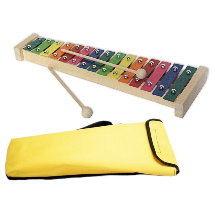 Játék xilofon, MatMax, diatonikus harangok, 15 hang, készlet 2 ütővel, sárga színű, méretei 39x12,5x6,5cm