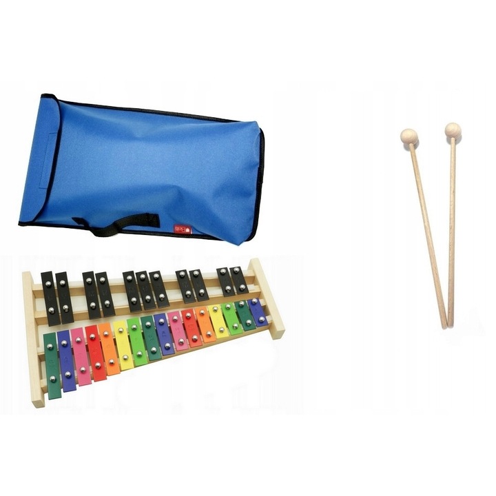 Xilofon 27 hangú, MatMax, 2 ütővel, fekete, 42x24,5x3cm, készlet kék huzattal