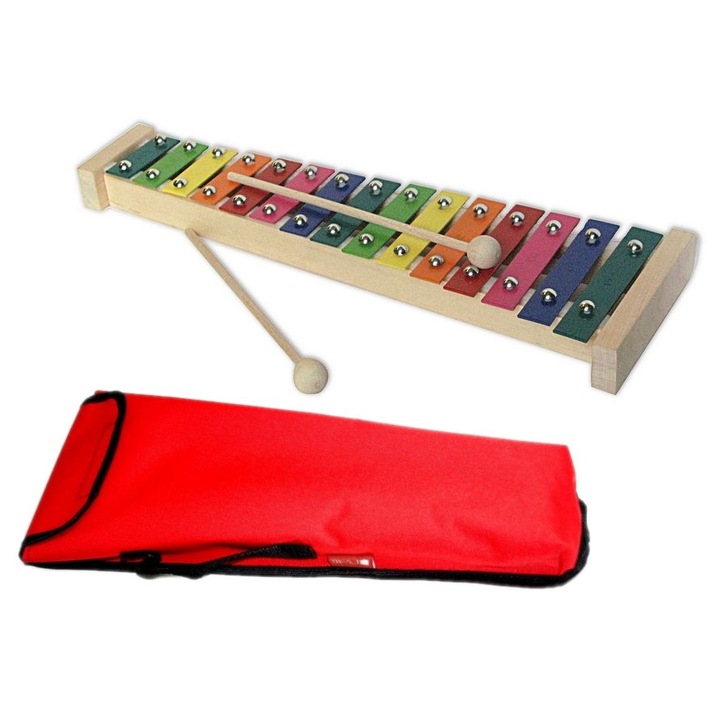 Játék xilofon, MatMax, diatonikus csengők 15 hang, készlet 2 ütővel, piros, 39x12,5x6,5cm