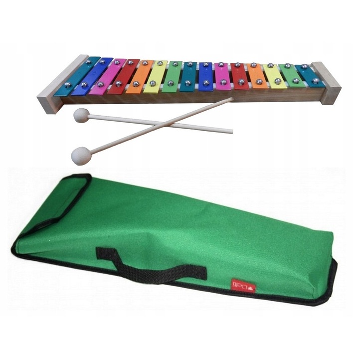 Játék xilofon, MatMax, 15 hangú diatonikus harangok, 2 ütővel, zöld színű, mérete 39x12,5x6,5 cm