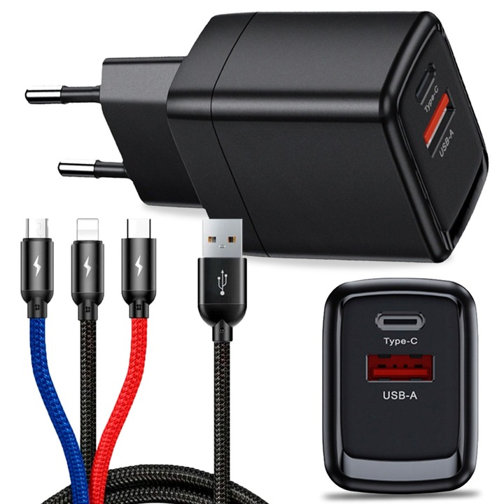 Cablu 3 in 1 Pixel USB-C, compatibil Lightning, microUSB 1,2m + Incarcator rapid 25W, negru