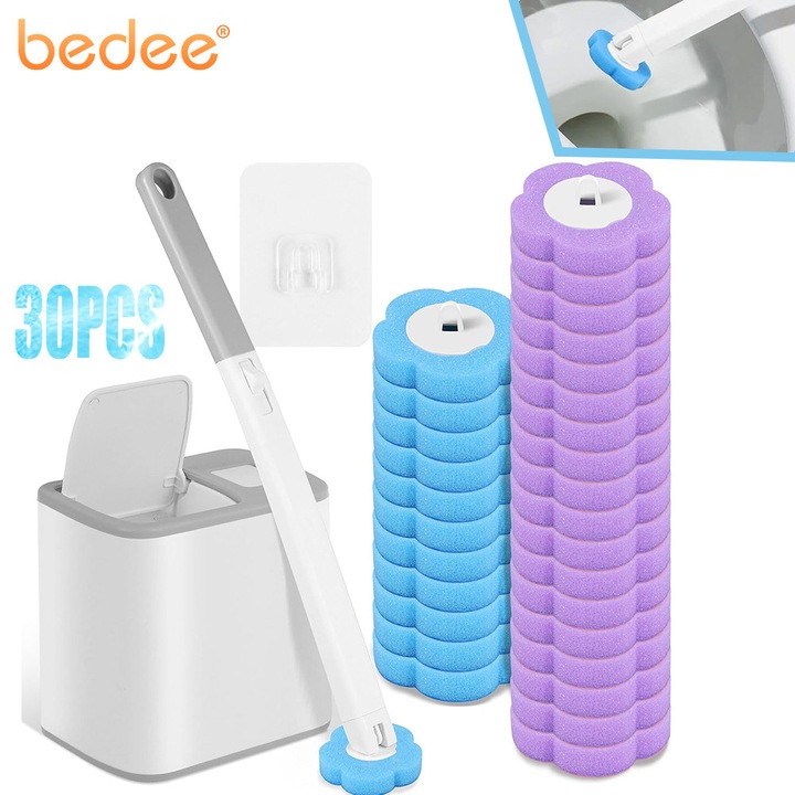 Set perie de toaleta de unica folosinta, Bedee, 30 rezerve, design cu capac automat, Rezerve de detergent, Set de perii de toaleta pentru baie, chiuveta, cada, podea, Gri
