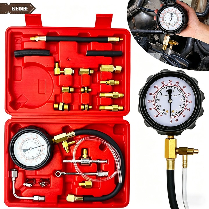 Kit tester presiune combustibil Bedee, 13 adaptoare, durabil, 3.5" manometru, pentru detectarea problemelor pompei de combustibil, injectoarelor si regulatorului, Negru, Rosu