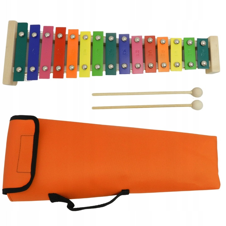 Játék xilofon, MatMax, 15 diatonikus hangú harang, 2 ütővel, narancssárga színű, mérete 39x12,5x6,5cm
