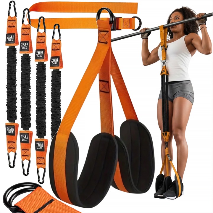 Set benzi elastice de antrenament PIXEL, 4 benzi reglabile 34-136 kg, portocaliu-negru