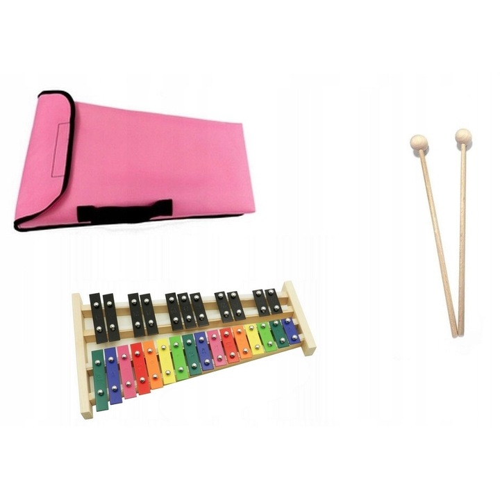 Kromatikus xilofon 27 hang, MatMax, rózsaszín, 42x24,5x3cm, 2 ütővel és rózsaszín huzattal