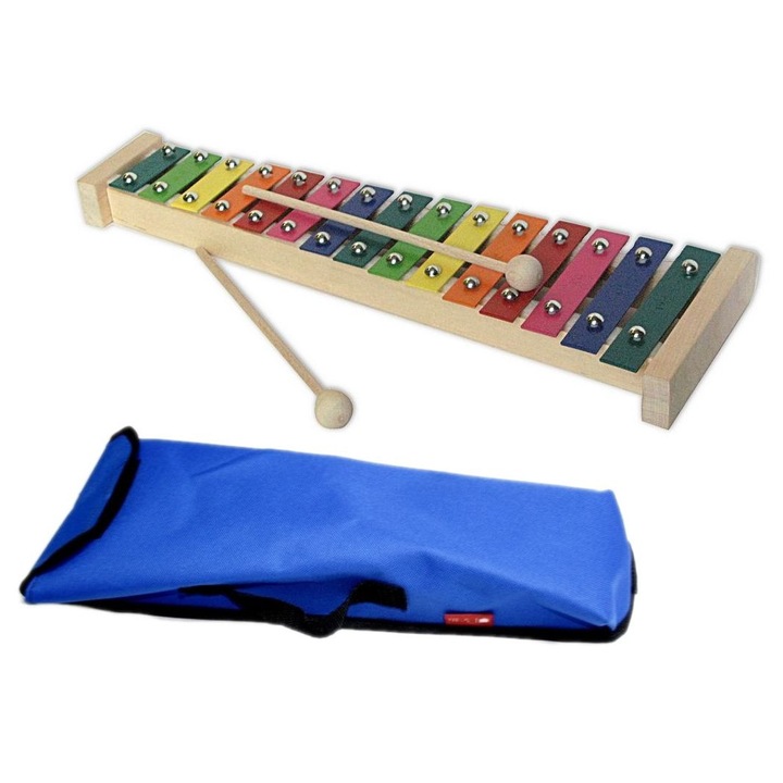 Xilofon, MatMax, diatonikus harangkészlet 15 hang, 2 ütő, kék színű, méretei 39x12,5x6,5cm