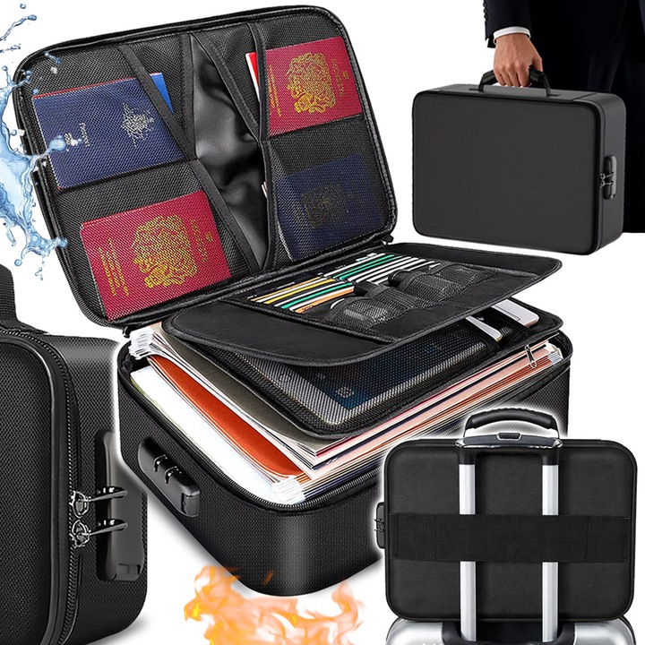 Valiza de documente A4, PIXEL, rezistenta la foc si apa, cu inchidere pe cod, 36x27x10cm, neagra