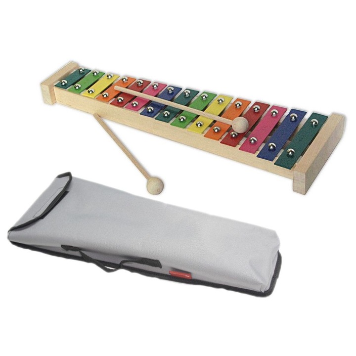 Xilofon, MatMax, 15 hangszínes készlet, fa lapátok, szürke színű, 39x12,5x6,5cm