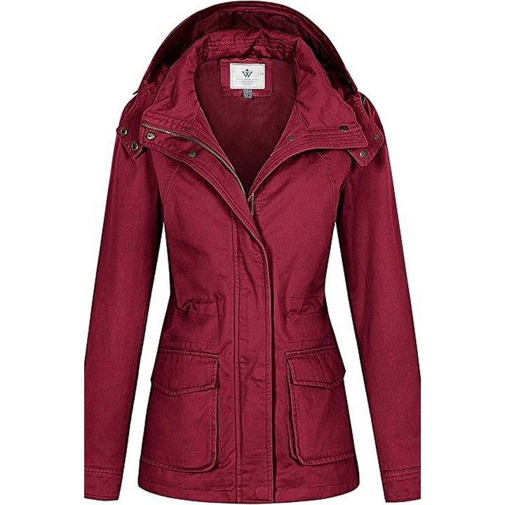 Jacheta militara WenVen pentru femei, cu gluga detasabila, slim fit, clasica, toamna si iarna, din bumbac, rosu, marime M