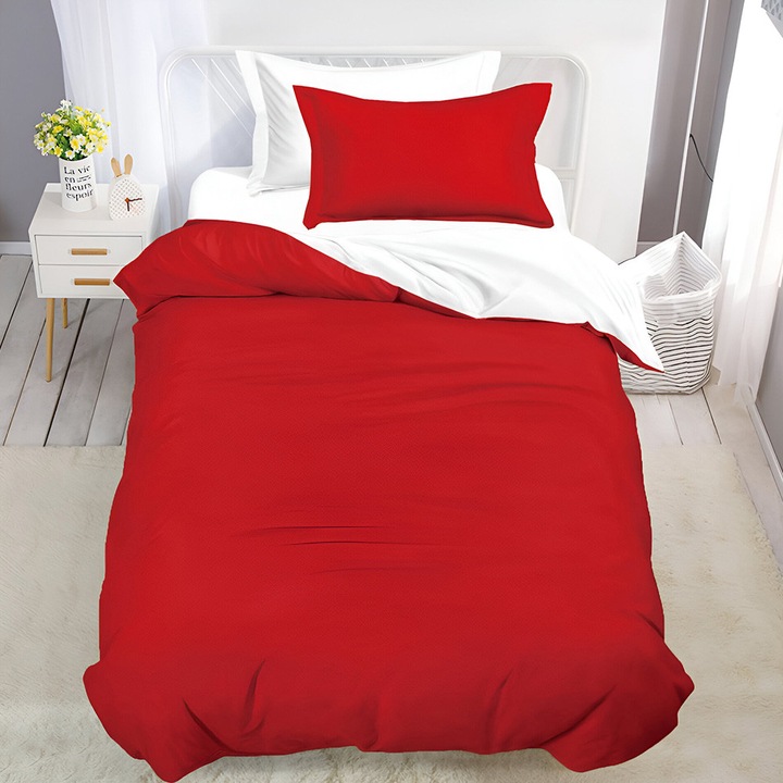 Спално бельо EmonaMall S18563, Двулицево, С ластик, Размер за приста, 2 калъфки, 4 части, Червен/Бял