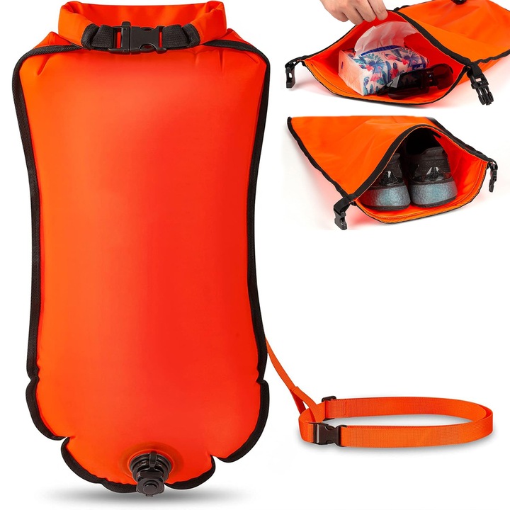 Felfújható biztosító bójatartó hevederrel, tárolódobozzal, 3 az 1-ben, vízálló, kiváló láthatóság a vízen, YOUKUKE®, Nylon/PVC, 28 l, narancssárga