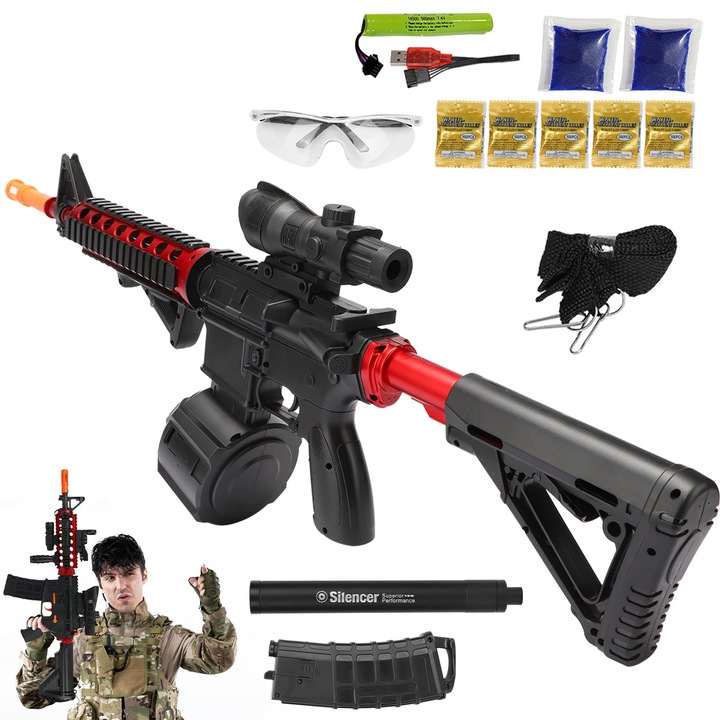 Arma automata M4A1electrica, YOUKUKE®, 20000 Bile din Gel, Poate incarca 1000 de bucati odata, Prindere Ergonomica, Jucarie Sigura pentru Copii, Pentru ziua de nastere, craciun, favor de partid, 91cm, ABS, Rosu/Negru