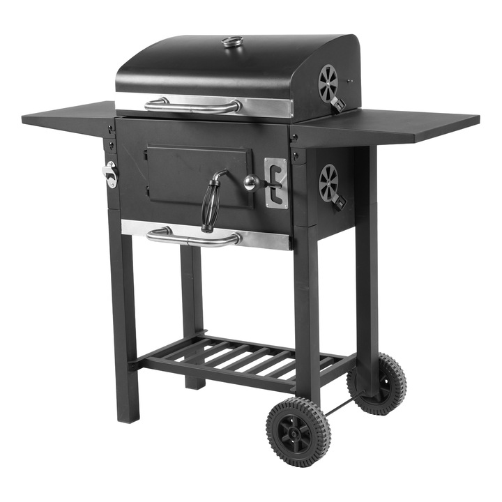 Gratar cu carbuni pentru exterior Zilan ZLN3584, Termometru incorporat, Tava de crabuni reglabila, Colector cenusa detasabil, Mobilitate pe roti