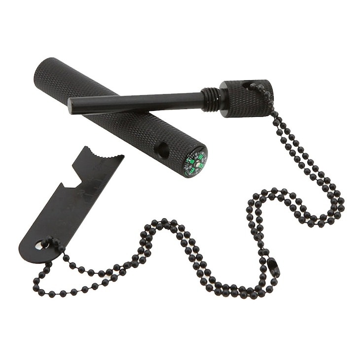 Kit multifunctional pentru aprinderea focului, supravietuire, camping, drumetii, rigla, busola, desfacator sticle, carcasa aluminiu, lant 40 cm, negru, Dactylion®