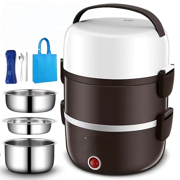 Elektromos ételhordó 3 réteggel, öntisztító funkcióval, levehető fedéllel, 1.5L