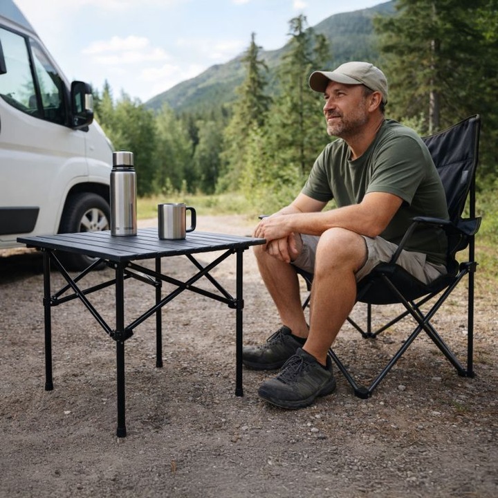 Masa turistica pliabila, cu cadru din otel carbon, GlowGoods, impermeabila, pentru camping, gradina si calatorii, cu picioare antiderapante si geanta de transport, 53x55.5 cm, Black