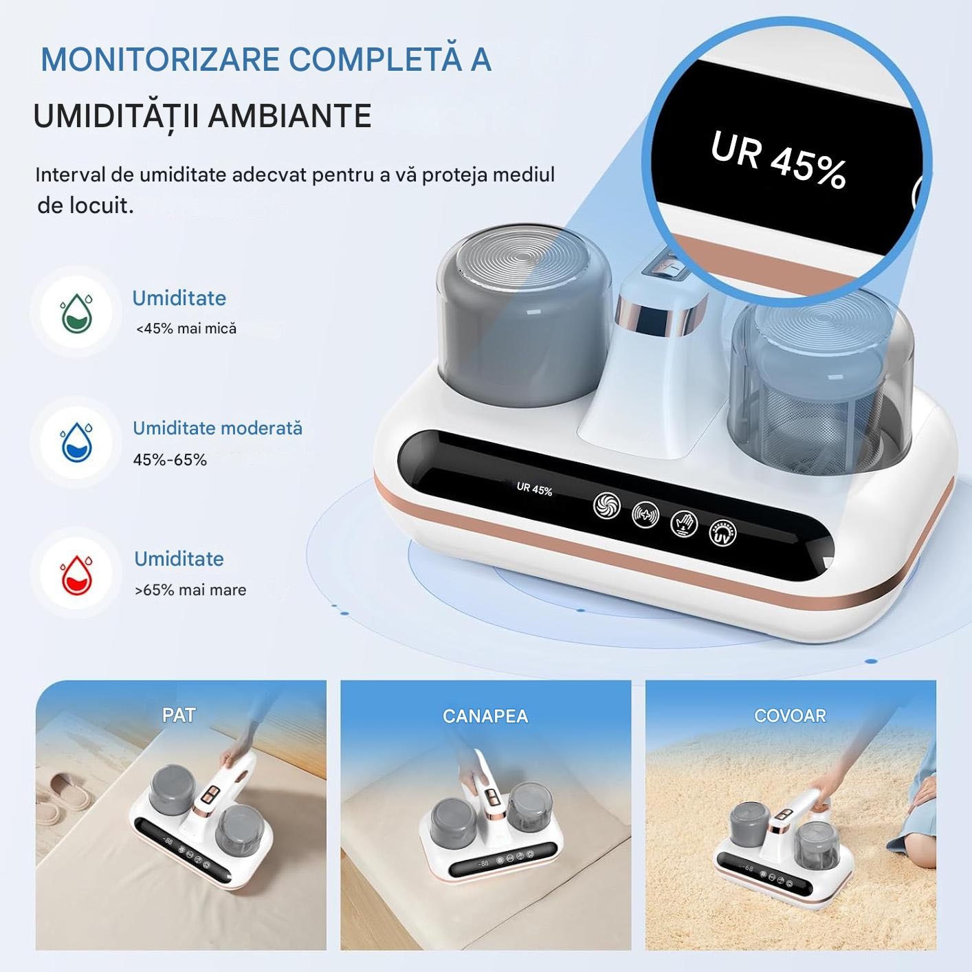 Aspirator anti-acarieni Juksun, 4-in-1, filtru HEPA 99.97%, alb, 15x23cm
