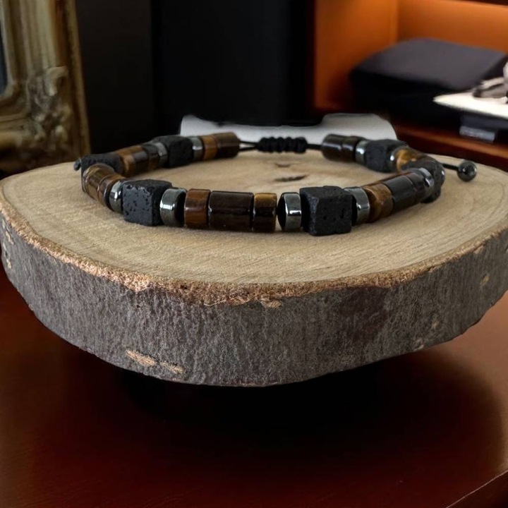Bratara Barbati Amon din snur cu Ochi de Tigru, Hematit, Piatra de lava