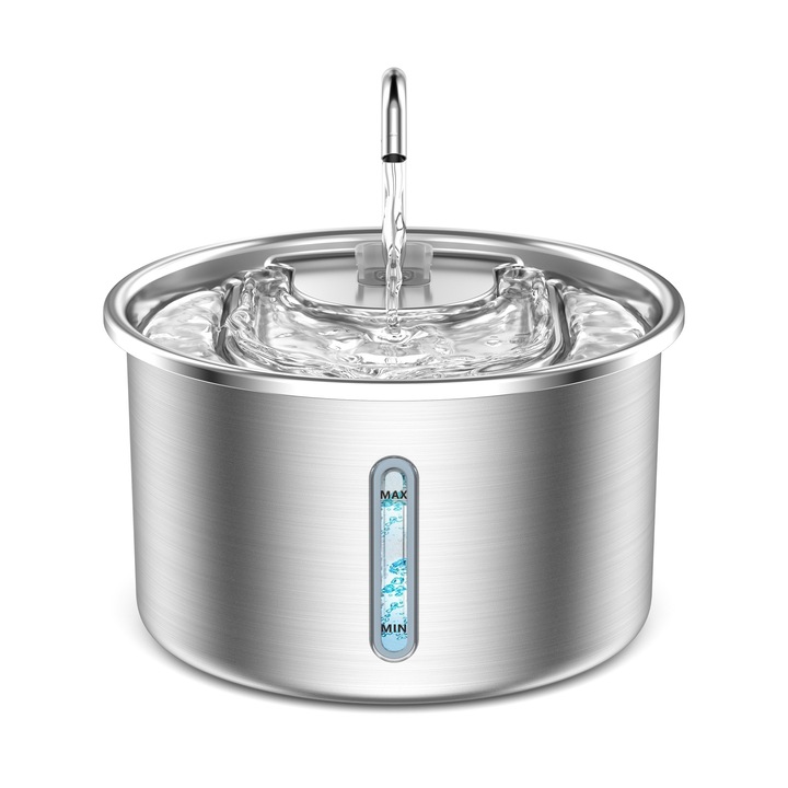 Fantana de Apa pentru Pisici si Caini din Otel Inoxidabil 304, Filtrare si Purificare apa, Functionare Ultra-Silentioasa, Capacitate 3L, Alimentare USB cu Adaptor Inclus, Usor de Curatat