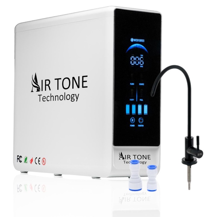 Filtru Apa cu Osmoza Inversa 600GPD, Air Tone Technology®️, Display Digital TDS & Status Filtre, 5 Stagii Filtrare, Fara Rezervor, Auto-Clean, Sistem Compact Desktop, 0.0001 microni, Robinet Negru, Culoare Alb