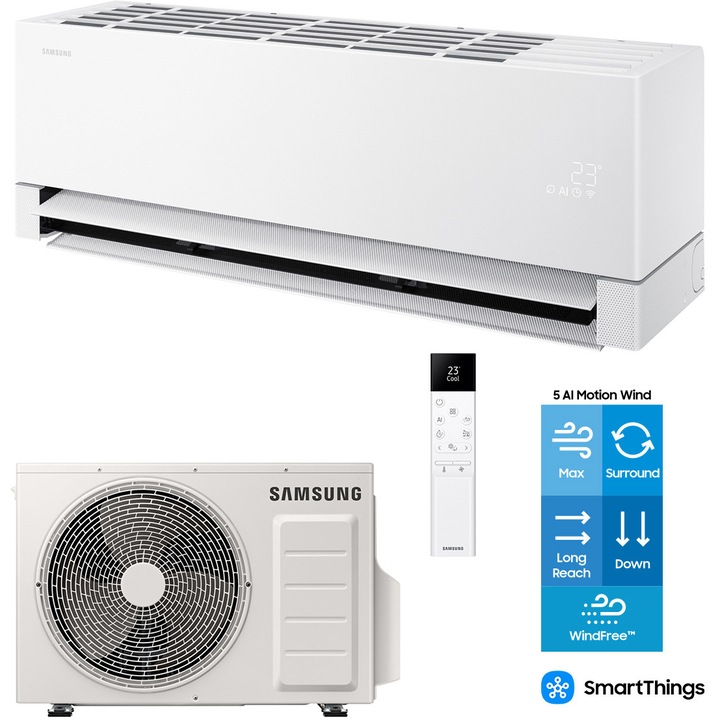 Aparat de aer conditionat Samsung Windfree Premiere WI-FI 12000 BTU, Clasa A+++/A++, filtru 4 in 1, PM2.5, Motion Wind, AI Auto Comfort, AR70H12C1AWNEU/AR70H12C1AWXEU, alb