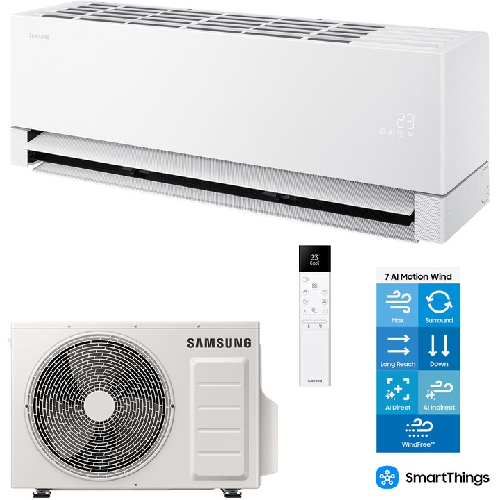 Aparat de aer conditionat Samsung Windfree Premiere+ WI-FI 12000 BTU, Clasa A+++/A+++, filtru 4 in 1, PM2.5, Radar Sensor, AI Motion Wind, AI Auto Comfort, AR70H12CAAWNEU/AR70H12CAAWXEU, alb