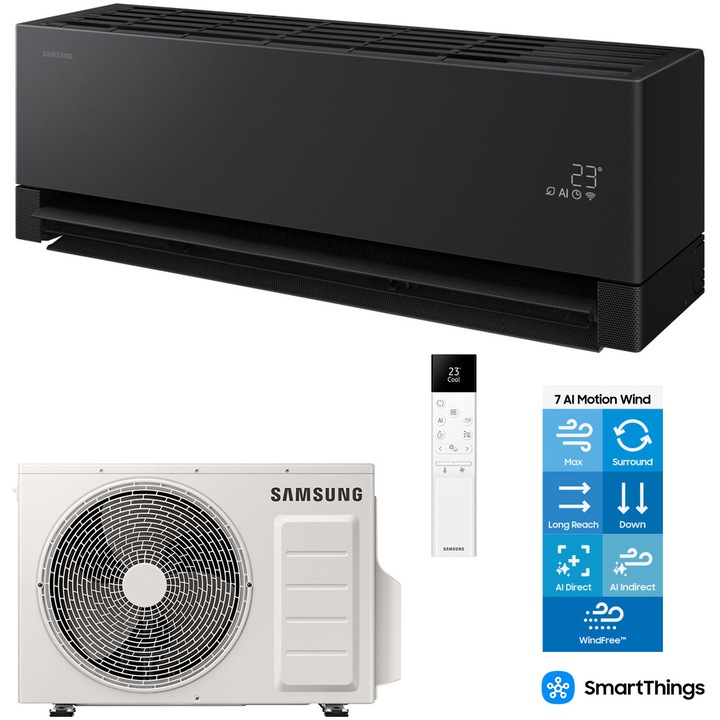 Aparat de aer conditionat Samsung Windfree Premiere+ WI-FI 12000 BTU, Clasa A+++/A+++, filtru 4 in 1, PM2.5, Radar Sensor, AI Motion Wind, AI Auto Comfort, AR70H12CAABNEU/AR70H12CAAWXEU, negru