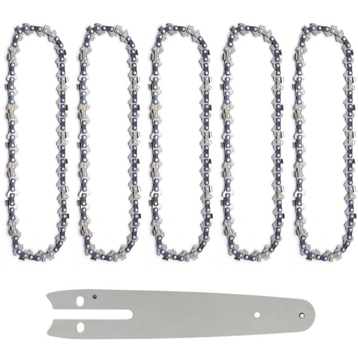 Set 5 lanturi ferastrau de 6 inch cu bara de ghidare, otel mangan, pentru unelte de gradina