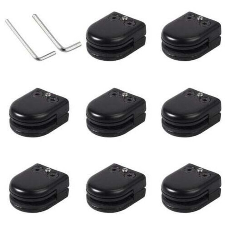 Set de 8 cleme negre din inox 304 pentru sticla – Suport robust pentru sticla de 8-10 mm – Finisaj lustruit – Instalare usoara