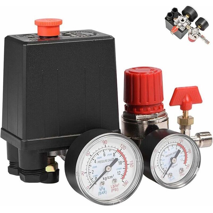 Presostat pentru compresor de aer monofazat 90-120 PSI – 4 porturi cu manometru – Debit 3000 L/min – Supapa de siguranta inclusa – 90-120 PSI
