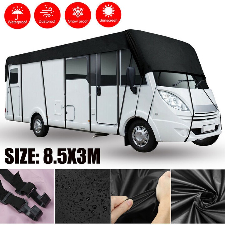 Husa protectoare pentru autorulote si caravane, 8.5x3m, 210D vinil, impermeabil, 26 curele anti-vant